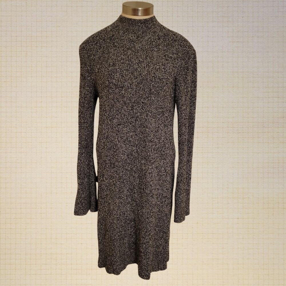 Modern Minimalist Ann Taylor Gray Black Knit Midi Dress High Neck Long Sleeve